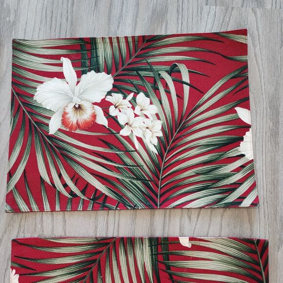 Hawaiian Upholstery Barkcloth Placemats Burgundy Ferns Orchids Plumeria & Napkin - Picture 8 of 8